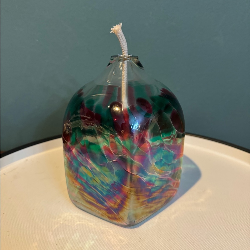 California Glass Studio Blown Glass Oil Lamp Iridescent Multicolor Confetti 5.5”